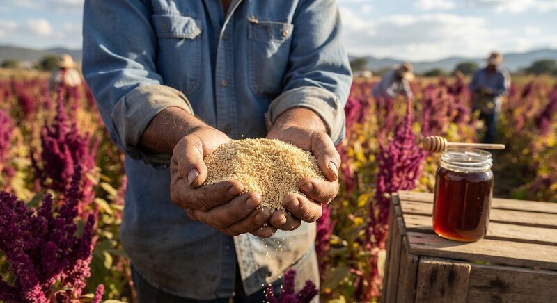 Manos campesinas sosteniendo semillas de amaranto reventado junto a un frasco de miel, en un campo de espigas magenta