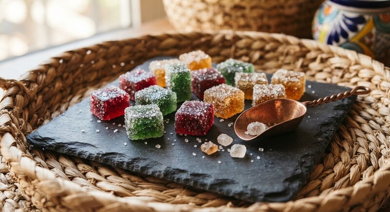 Surtido de borrachitos de sabores frutales brillando con cristales de azúcar.