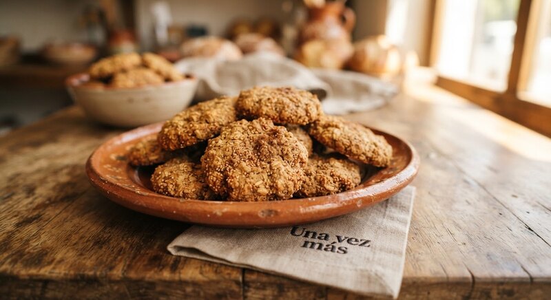 Galletas artesanales de avena con amaranto reventado y canela sobre un plato de barro.